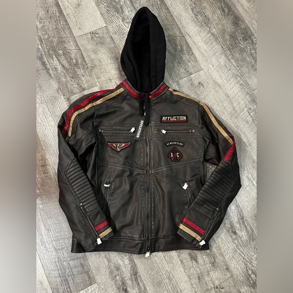 Affliction Men's Black Leather Jacket with Red and Gold Accents NWT - Picture 1 of 16